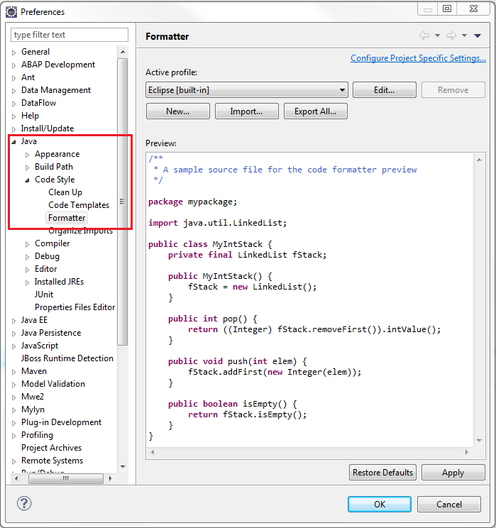 Go to Java code formatter in preferences
