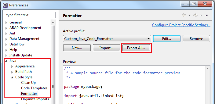 Export the custom formatter XML