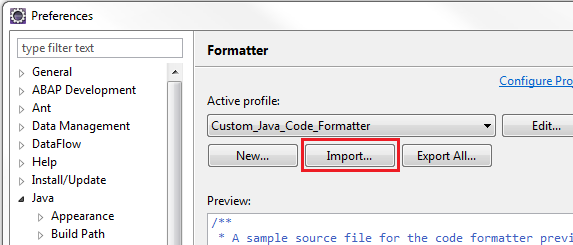 Import the custom formatter XML