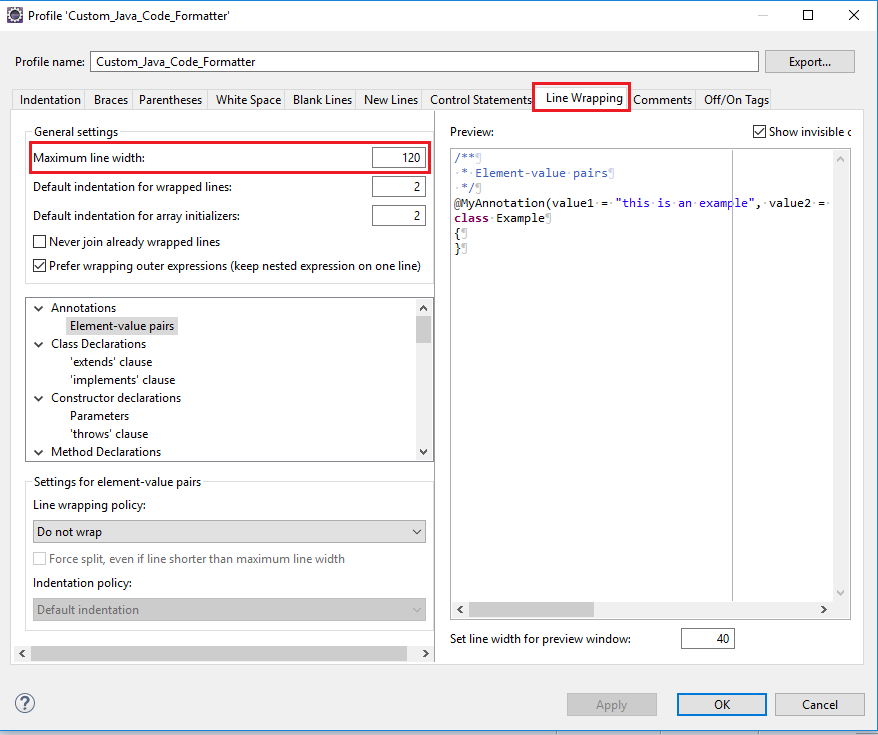 How to set maximum line length in eclipse