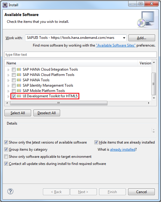 Select the SAP UI5 Tools packages for downloading